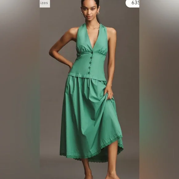 Anthropologie Maeve Halter V-Neck Drop-Waist Green Midi Dress Large NWT - Picture 1 of 3
